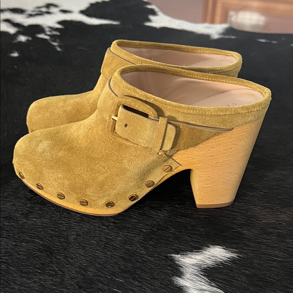Veronica Beard Mustard Suede Clog Mules with Wood Heel